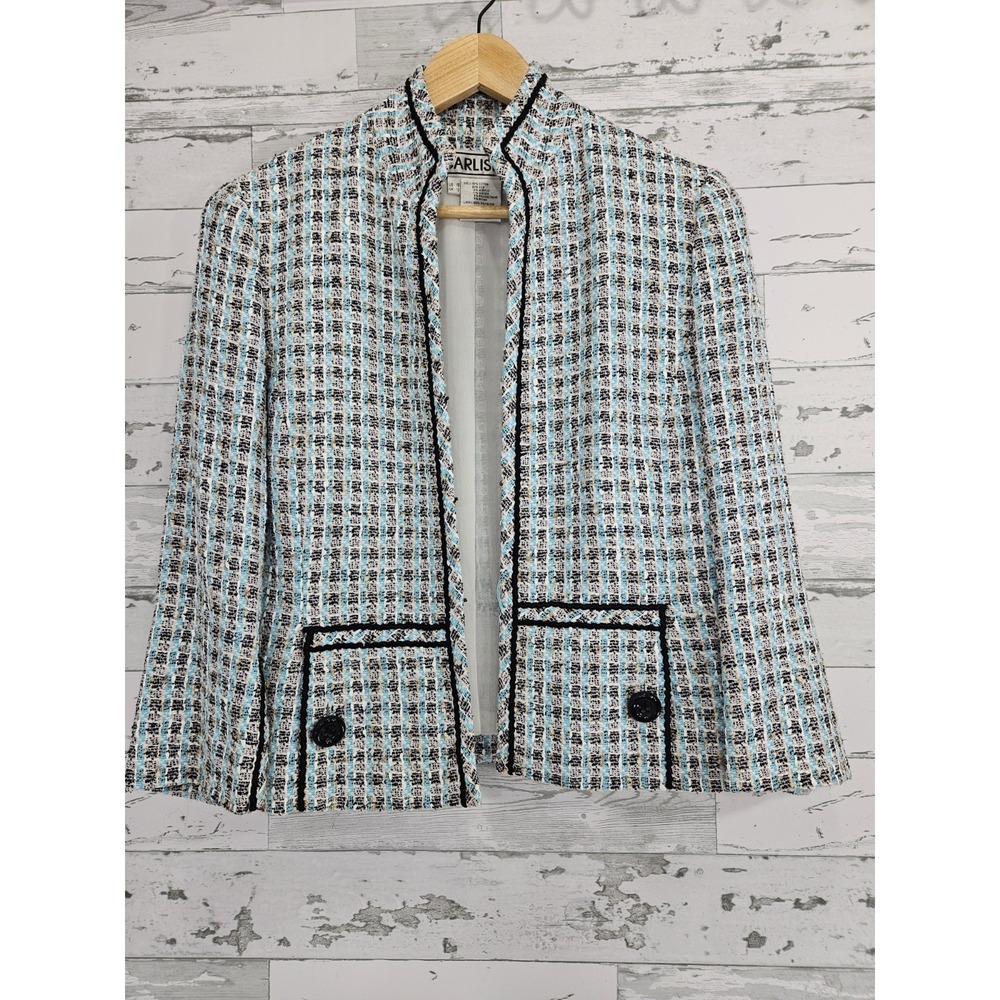 Carlisle Womens 10 Tweed Blazer Blue White Plaid Black Trim Classic Lady Jacket
